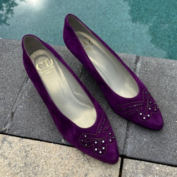 Vintage Christian Dior Dark Purple Closed Toe Bedazzled Pumps Sz 35 - Picture 1 of 7